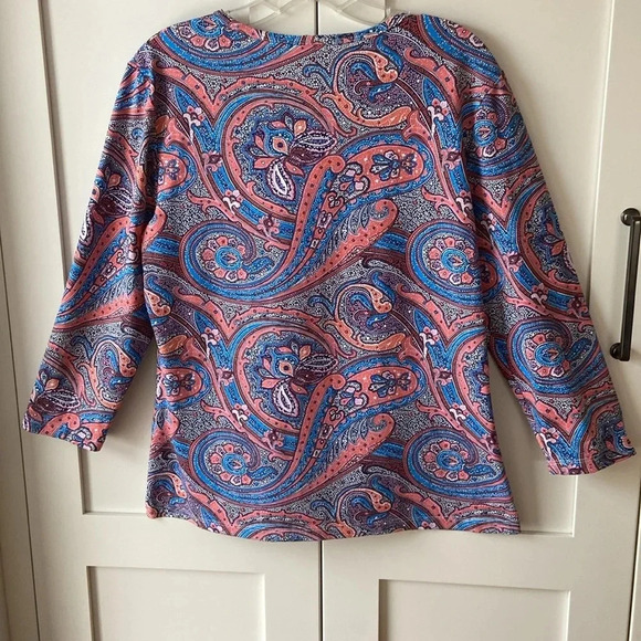 J. McLaughlin Catalina Cloth Top Women's L 3/4 Sleeve Crewneck Paisley USA EUC - Picture 2 of 6